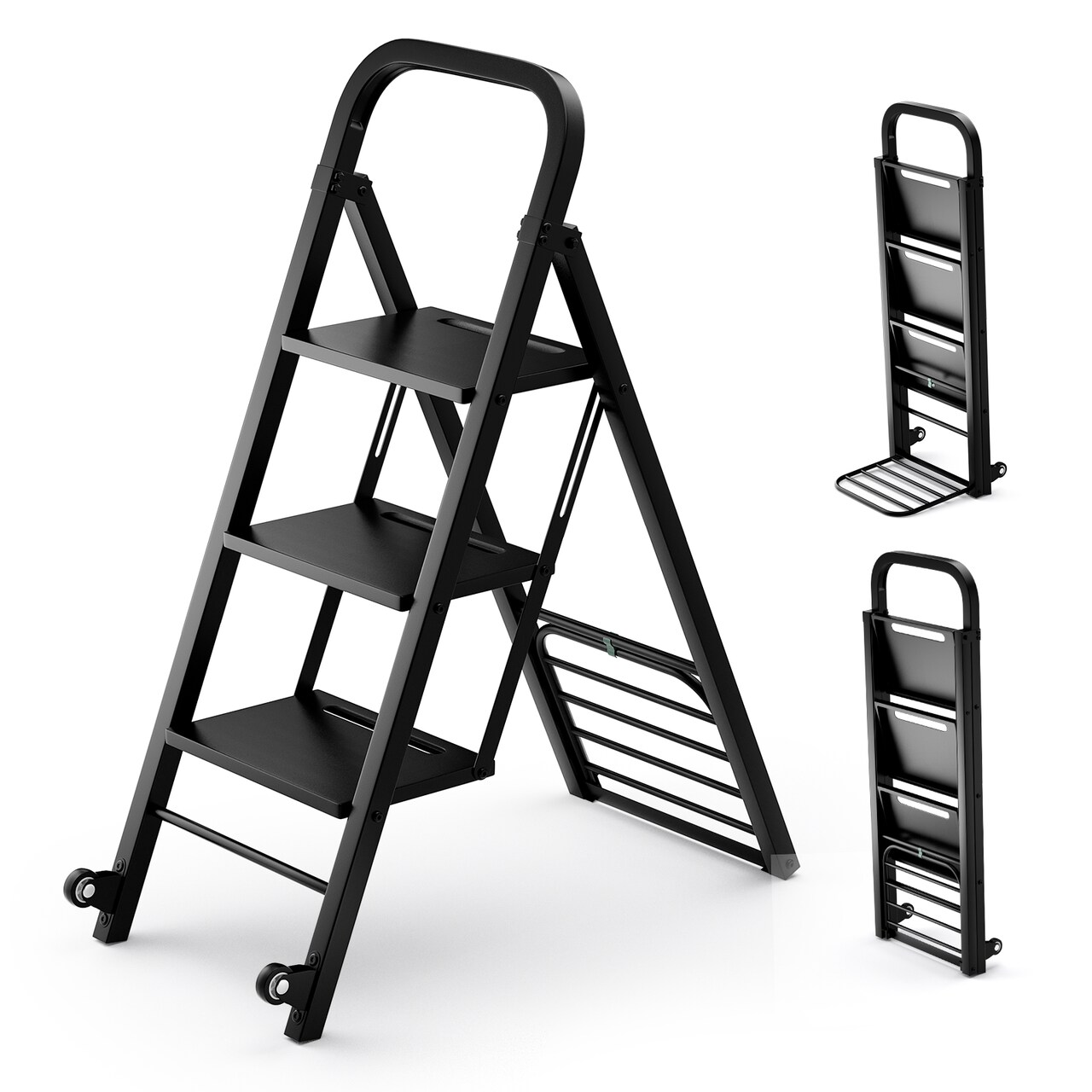 2 in 1 Black Metal Hand Truck and Step Ladder with Rubber Wheels and 3 Wide Pedals